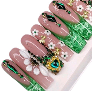 Acrylic Green French Tip Press-On Nails | Reusable & Long-Lasting Nails