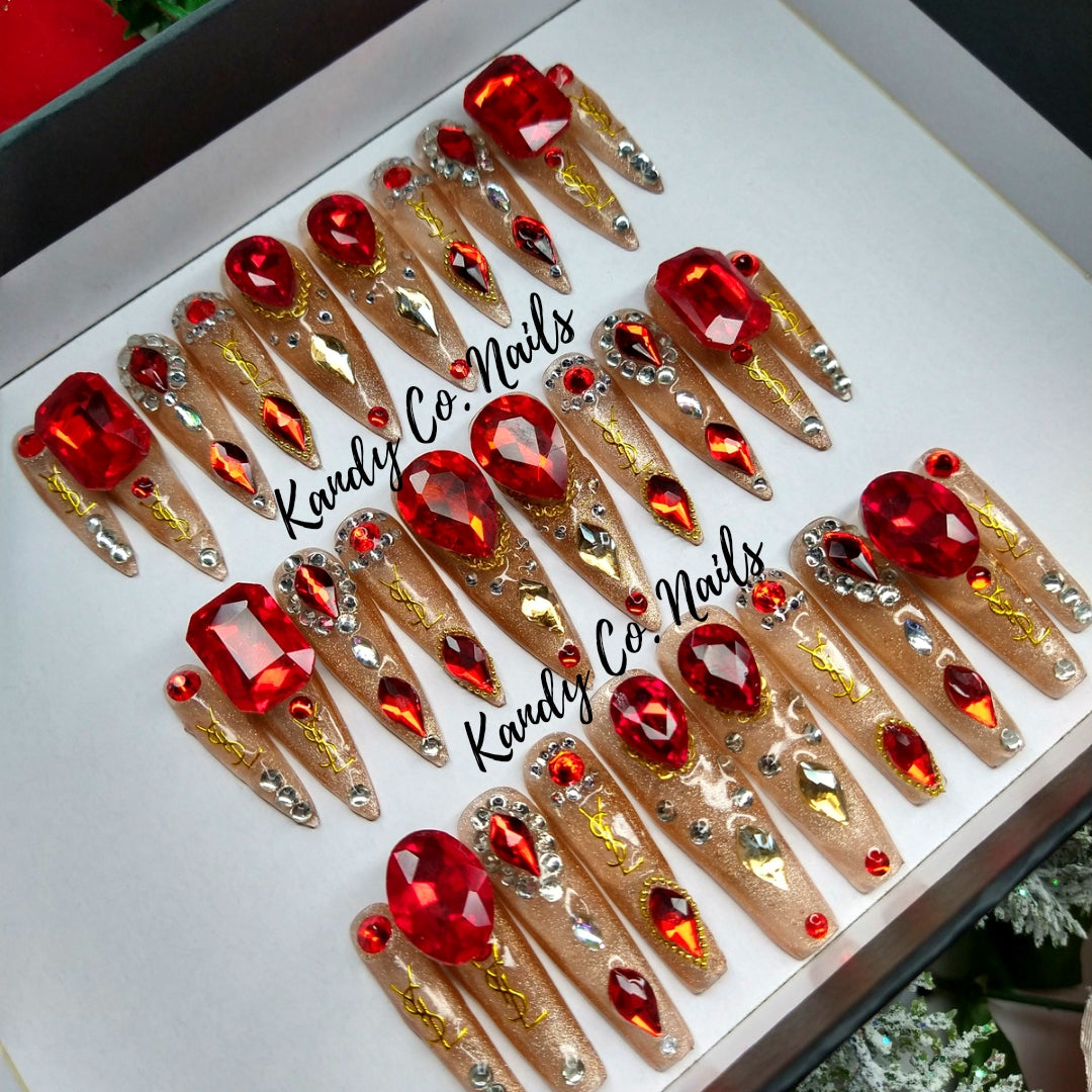 Makeup, Candy Apple Red Rhinestone Coffin Press On Artificial Nails