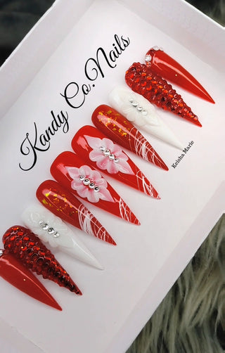 Red & White Acrylic Press On Nails