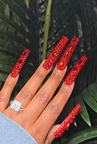 Red Bling Rhinestone Nails Square