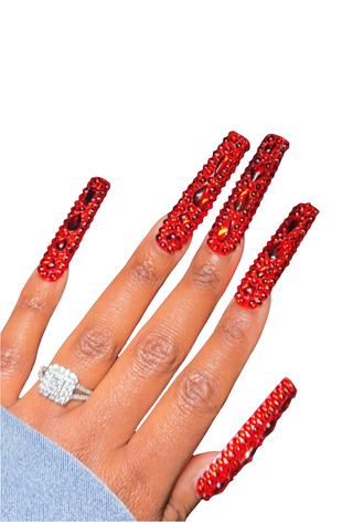 Red Bling Rhinestone Nails Square