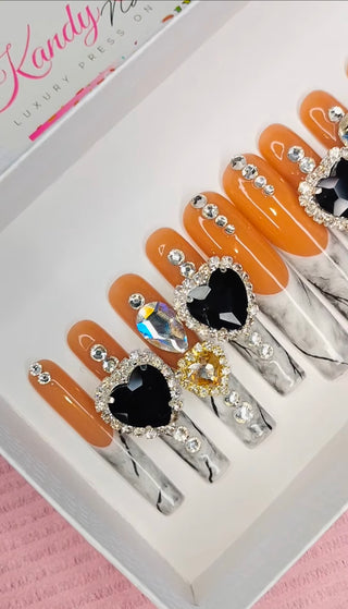 Handmade Marble Bling French Tip Press On Nails: Long Acrylic with Rhinestone | Black and White Nails