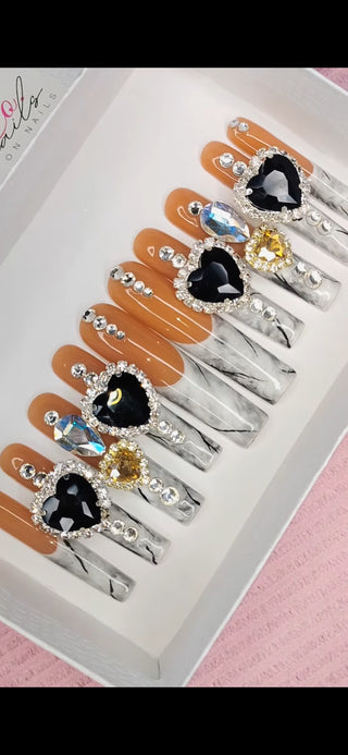 Handmade Marble Bling French Tip Press On Nails: Long Acrylic with Rhinestone | Black and White Nails