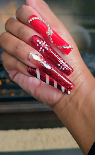 Red Christmas Rhinestone Press On Nails – XL Snowflake & Peppermint Candy Design | Holiday Nail Set by Kandy Co.