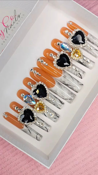 Handmade Marble Bling French Tip Press On Nails: Long Acrylic with Rhinestone | Black and White Nails