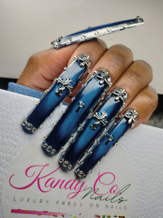 Midnight Black/Blue Ombre Nails With Silver Outline