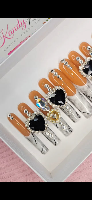 Handmade Marble Bling French Tip Press On Nails: Long Acrylic with Rhinestone | Black and White Nails