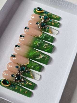 Green Encapsulated Gold Flakes Christmas Press On Nails