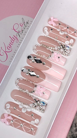 Luxury Pink Press-On Nails Set | Custom Bling Design | Durable & Reusable | Perfect for Special Occasions | Gift For Her| Christmas Nails