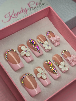 Short Pink French Tip Press-On Nails | Reusable Acrylic Nails | Elegant Pink & Nude Nails