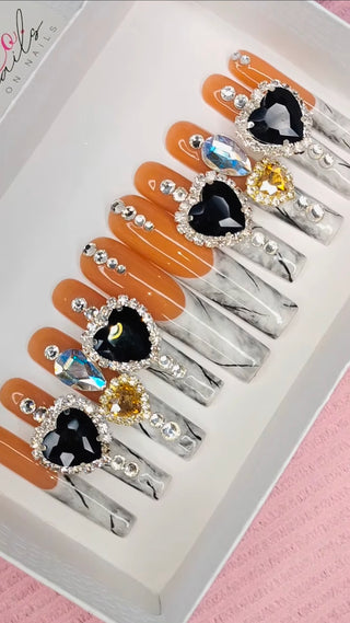 Handmade Marble Bling French Tip Press On Nails: Long Acrylic with Rhinestone | Black and White Nails