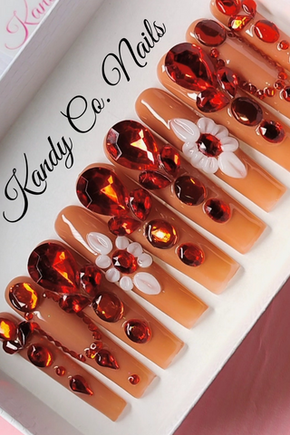 Nude & Red Luxury Rhinestones Nails | Holiday Press On Nails | Kandy Co Nails | Gift For Her | Christmas Nails