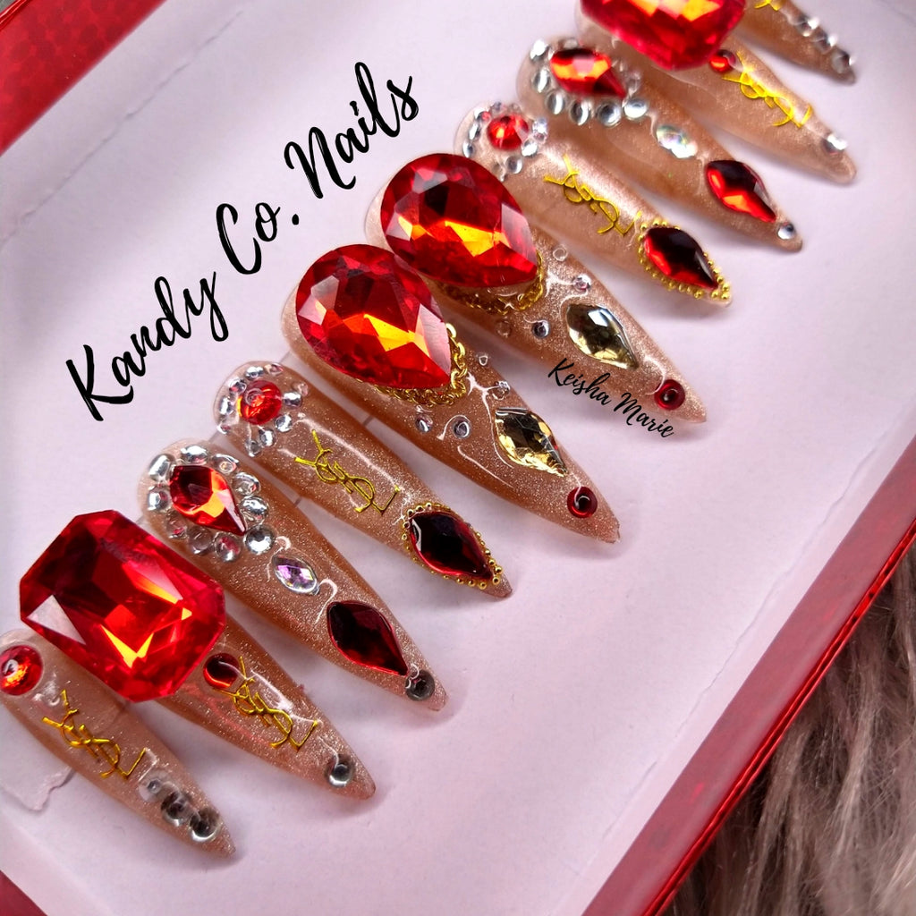 Makeup, Candy Apple Red Rhinestone Coffin Press On Artificial Nails