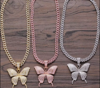 Iced Out Brass CZ Butterfly Pendant Necklace