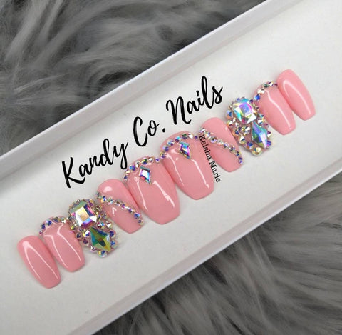 Short Pink Rhinestone Nails – Kandy Co Nails